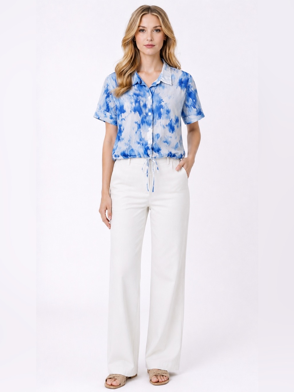 Simply Vera Wang Large Button Front Shirt Tie Dye Drawstring Cord Hem Career L‎